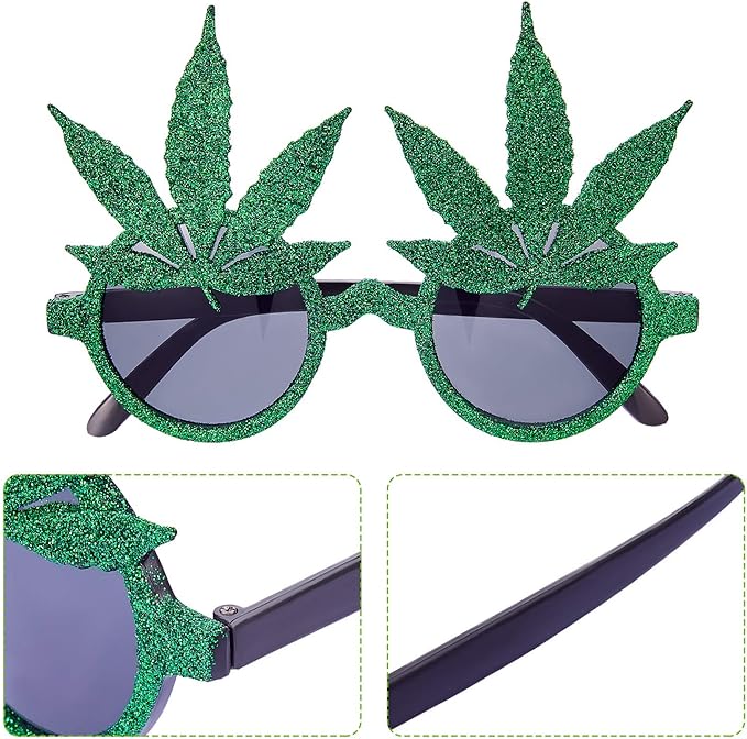 5 Pairs Marijuana Glasses Glittered Weed Glasses Pot Leaf Round Lens Sunglasses for Halloween Costume Green