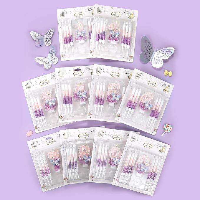 AKURIEEY Butterfly 4th Birthday Candle Purple Number 4 Candle with 6 Pcs Long Candles for Girls Cake Topper Cupcake Decor Party Decoration Anniversary Celebrations Supplies
