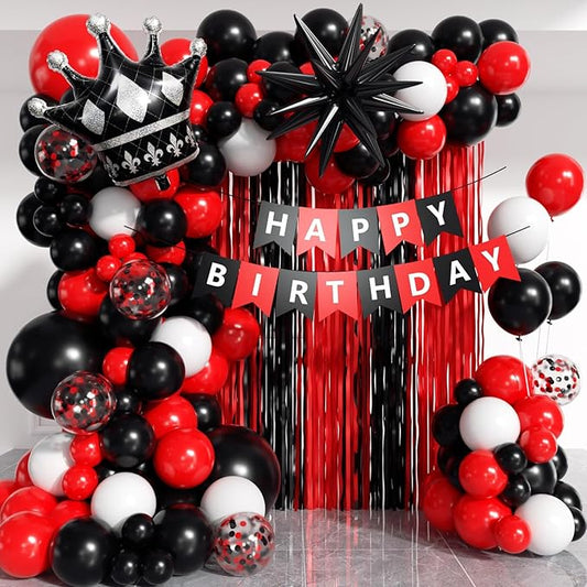 Red and Black Birthday Party Decorations 152Pcs, Red Black White Balloons Arch Kit with Banner Fringe Curtains for 16th 18th 21st 24th 32th 40th 50th 60th Birthday Decorations for Men