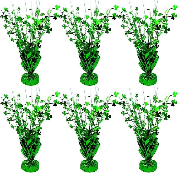 FUBININA 6 PCS St Patrick's Day Decoration Glitter Shamrock Metallic Foil Spray Centerpieces Lucky Clover Green Tabletop Decor for Irish St Patty's Day Birthday Wedding Home Party Supplies
