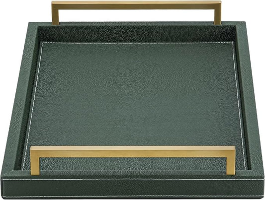 XIGEXIGE Green Decorative Serving Tray,Rectangular Tray for Coffee Table,Faux Leather Serving Tray with Handles for Ottoman,Shagreen Leather Tray for Bathroom
