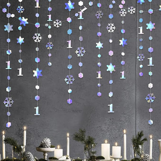 52Ft Winter Onederland Birthday Decorations Iridescent Snowflakes 1st Holographic Paper Snowflakes Garland Streamer for Winter Wonderland Christmas Frozen Snowflake First Birthday Party Supplies