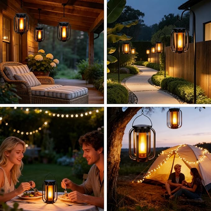 (New) 2 Pack Solar Lanterns Lights, Solar Lights Outdoor with Flickering Flame, 4 Modes Waterproof Hanging Lantern Decorative, Solar Powered Lanterns for Yard Patio Proch Tree Garden Decor