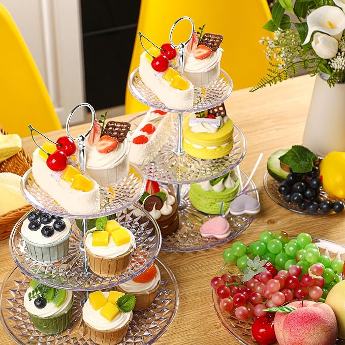 Patelai 8 Packs 3 Tier Crystal Acrylic Clear Cake Stand with Gold Round Holder Acrylic Cupcake Stand Holder for Home Wedding Holiday Birthday Baby Shower Tea Party (Clear, Silver)