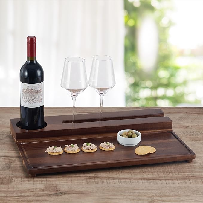 Gourmet Basics by Mikasa Picnic Wine and Charcuterie Acacia Wood Serving Tray, 20 x 13 Inch, Multicolored