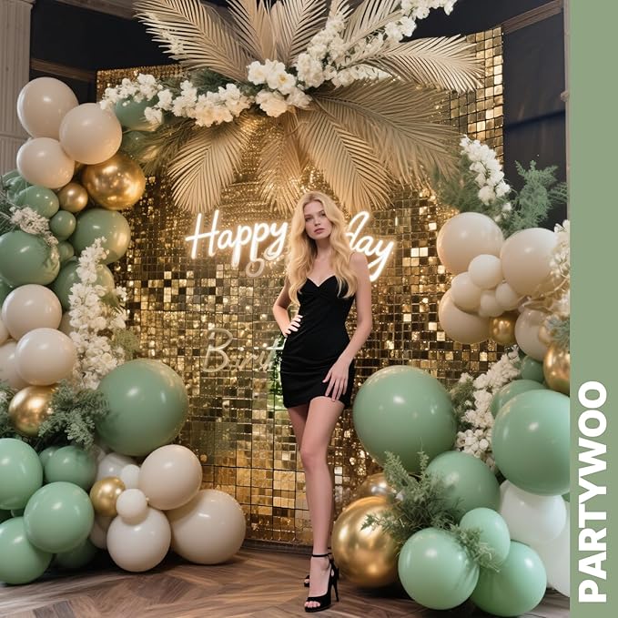 PartyWoo Sage Green Balloons 66pcs 12 Inch Metallic Gold Sand White Light Brown Gold Confetti Balloons for Baby Shower Wedding Engagement Jungle Woodland Forest Birthday Party Decorations