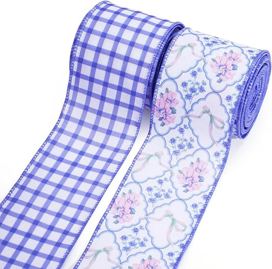 LaRibbons Floral Ribbon Wired 2.5 Inch x 6 Yards, 2 Rolls Purple Flower & Gingham Ribbon Set for Spring Wreaths, Gift Wrapping, Bow Making, Home Decor