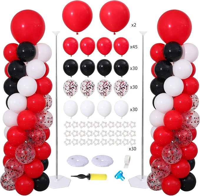Red and Black White Balloon Column Stand Kit Set of 2 with 135PCS Red and White Black Balloon Arch Kit Balloon Towers for Valentine's Day Graduation Casino Night Cars Birthday Party Decorations