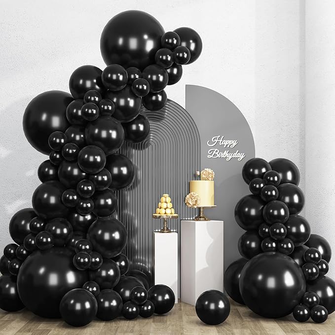 RUBFAC 135pcs Black Balloons Different Sizes 18 12 10 5 Inch for Garland Arch, Latex Balloon for Halloween Party Birthday Wedding Decorations