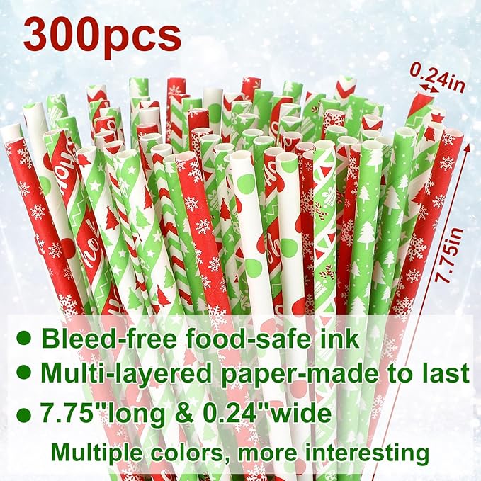 Bokon 300 Pack Christmas Paper Straws 7.75 Inches Red Lime Green Stripe Christmas Straws Disposable Drinking for Xmas Holiday Party Supply
