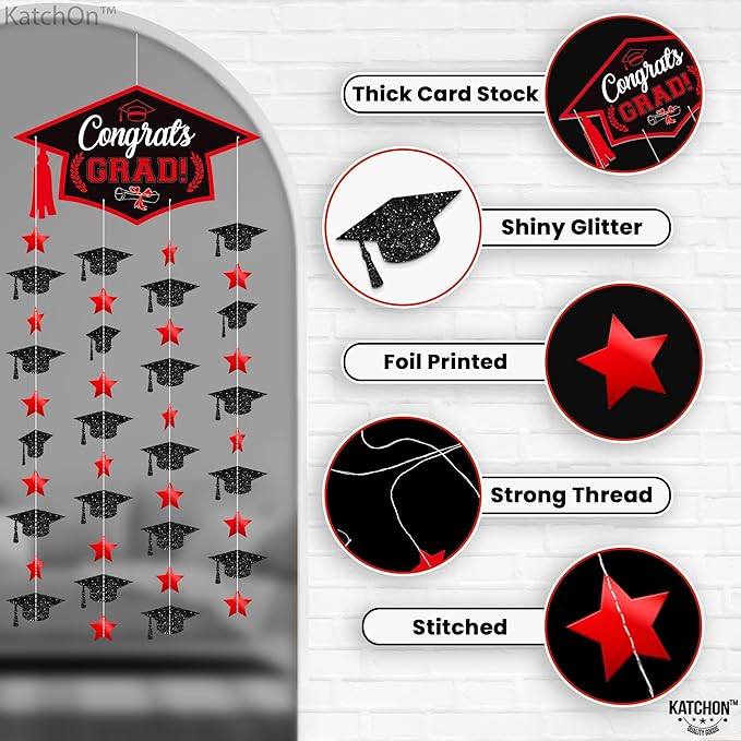 Graduation Decorations 2026, Black and Red Cap Garland - Pack of 2, No DIY | Congrats Grad Garlands for Wall Decor | Cap Garland for Graduation Party Decorations, 2026 Graduation Decoration, KatchOn