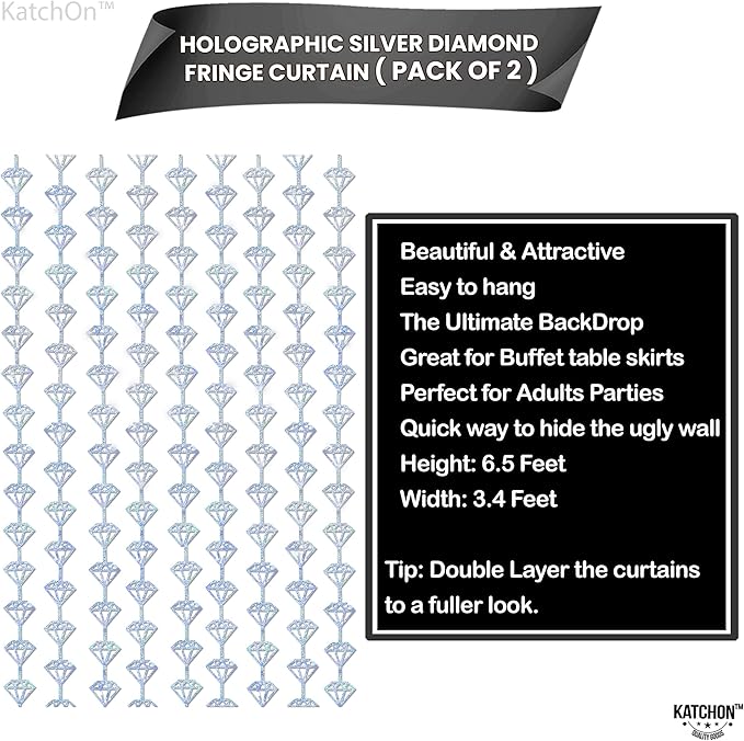 KatchOn, Holographic Silver Foil Diamond Curtains - Pack of 2 | Diamond Backdrop Curtain | Silver Diamond Garland, Denim and Diamonds Party Decorations | New Years Eve Party Supplies 2026