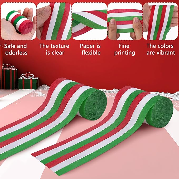 Tlswshsy 12 Rolls Christmas Crepe Paper Streamers, 393 ft Red Green White Crepe Rolls, Christmas Paper Streamer Decoration for Xmas Festivals Birthday Party Decor DIY Crafts