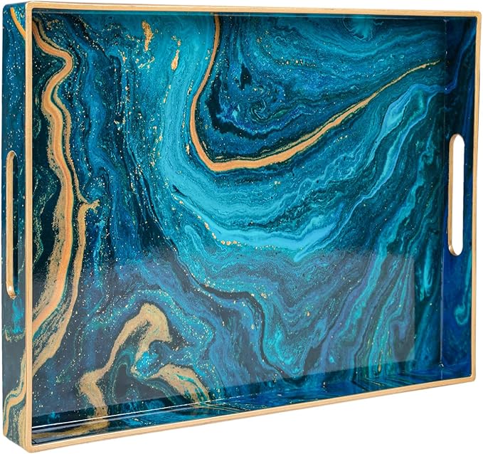MAONAME Plastic Decorative Tray, Marbling Tray with Handles, Rectangular Coffee Table Trays, Blue Serving Trays for Ottoman, Bathroom, 15.7” x 11.8”