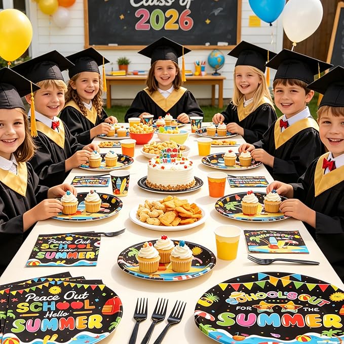 96 Pcs School's Out for The Summer Decorations Peace Out School Hello Summer Plates and Napkins End Of The School Year Tableware Set for Kids Class Of 2026 Preschool Graduation Party Supplies Serve 24