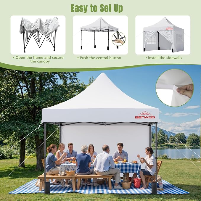 10x10 Heavy Duty Pop Up Canopy with 4 Sidewalls, 550D Commercial Easy Up Canopy Tent, Waterproof Outdoor Party Event Tent with Roller Bag, White