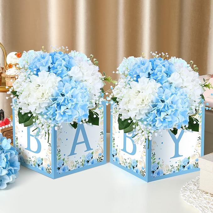 Bucherry 6 Pcs Baby Shower Centerpieces with Letters, 7" Baby Blocks Flower Boxes for Table Decorations, Gender Reveal Party Supplies & Photo Props(Blue,Blue Floral)