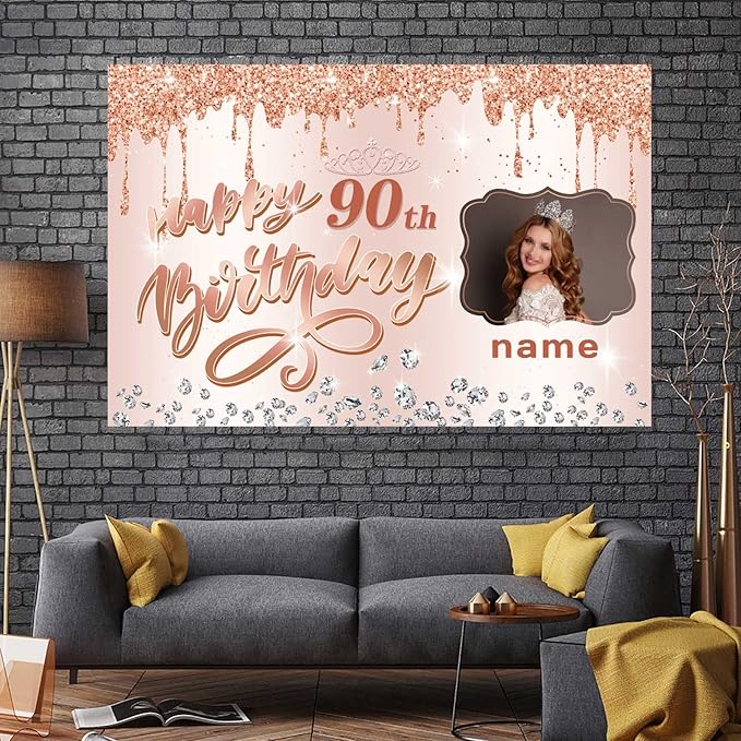 Customizable Rose Gold Happy 90th Birthday Decoration Banner - Personalized with Name and Photo