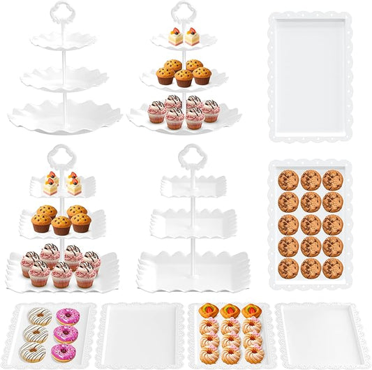 Riccle 10Pcs Dessert Table Display Set, 3 Tiered Cupcake Stand, Cupcake Holder & Cake Stands, Dessert Display Serving Trays for Party, Bridal Shower, Baby Shower, Tea Party, and Birthdays