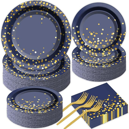 gisgfim 50 Guests Blue and Gold Party Supplies Decorations Tableware Set Blue and Gold Paper Plates Napkins Disposable Plates Graduation Tableware for Men Women Happy Birthday Party Decorations 200PCS