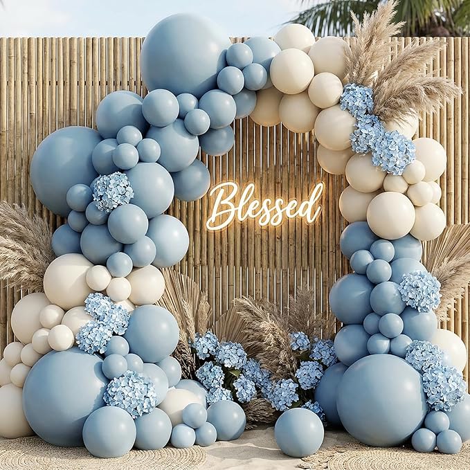 RUBFAC 135pcs Dusty Blue Balloons, Haze Blue Latex Balloon Different Sizes 18 12 10 5 Inch for Garland Arch Birthday Wedding Engagements Anniversary Baby Shower Party Supplies