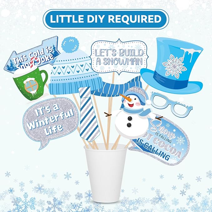 Glitter Winter Photo Booth Props Set,32pcs Winter Wonderland Decorations,Fun Snowman Snowflake Selfie Props Signs,Christmas Photo Backdrop Table Decorations for Holiday Birthday Party Favors Supplies