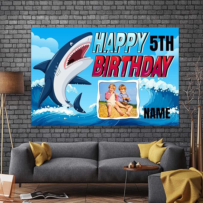 Custom Shark Happy Birthday Party Decorations Supplies Personalized Shark Ocean Themed Birthday Backdrop Banner(6x9ft)