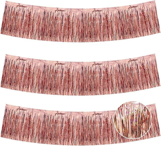BEISHIDA 3 Packs Metallic Foil Fringe Garland Laser Rose Gold Wall Hanging Tinsel Fringe Banners for Car Floats Birthday Baby Bridal Shower Wedding Graduation Holiday Party Decoration(30 Feet)