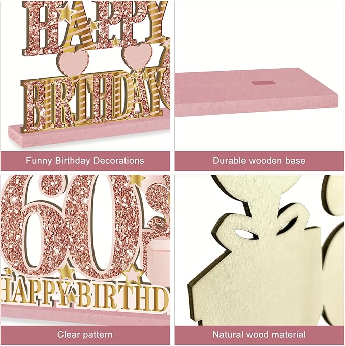 4 Pieces 60th Birthday Vintage 1966 Wooden Table Centerpieces Decoration for Women, Pink Rose Gold Happy 60 Birthday Table Sign Party Supplies, Hello Sixty Year