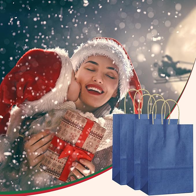 25 PCS Small Dark Blue Gift Bags Kraft Paper Bags with Handles for Party Favor (8.2 x 6 x 3.1 in)