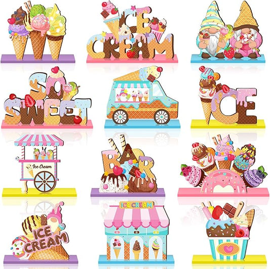 Marsui 12 Pcs Ice Cream Table Wooden Decorations Summer Ice Cream Table Centerpiece Tiered Tray Decor Signs Party Decorations Truck Gnome Home Decor for Summer Birthday Party Supplies