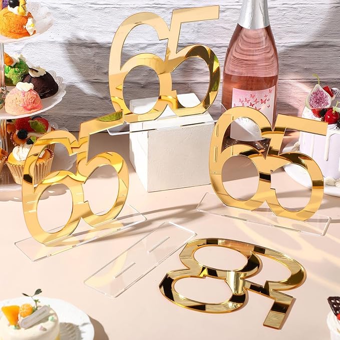 Threehoney 12 Pcs Mirror Gold 65th Birthday Decorations for Men and Women Acrylic Anniversary Decorations Table Numbers Centerpieces for Birthday Party