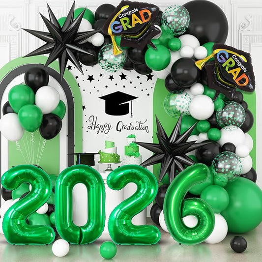 Graduation Balloons Garland Arch Kit, Graduation Balloon Class of 2026, Green and Black White Balloons with Foil Balloon for Class of 2026 Party Decor