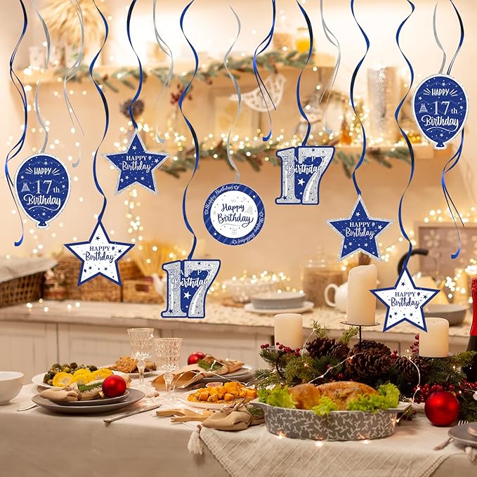 Happy 17th Birthday Blue & Silver Glitter Swirls Streamers Party Decorations - 15 Pcs 17th Birthday Hanging Swirls Streamers Kit,Cheers to Seventeen Years Old Bday Party Sign.
