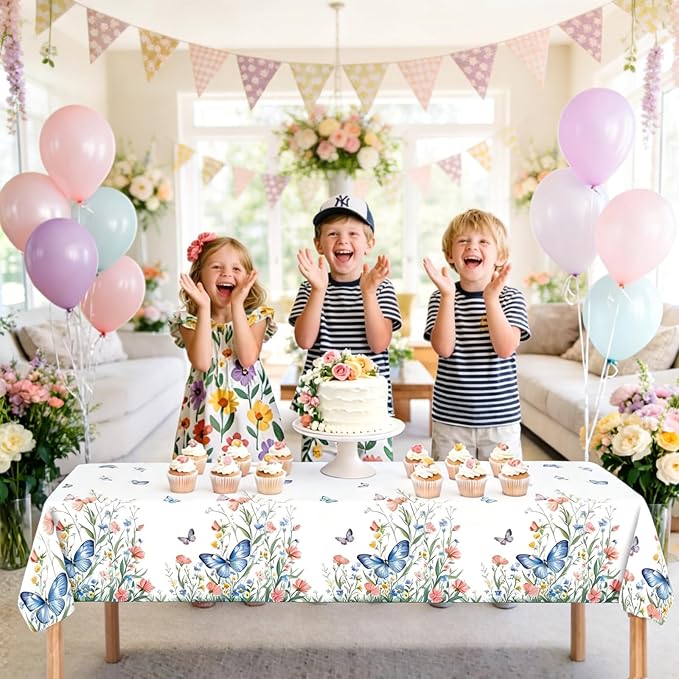 2Pcs Spring Floral Tablecloth 54 x 108 Inch Disposable Plastic Table Cover, Wildflower Butterfly Garden Party Decorations Waterproof Tablecloth for Birthday Baby Shower Bridal Shower Picnic Supplies