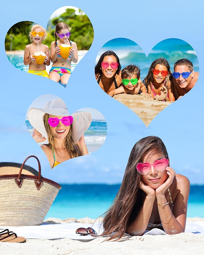 Cindeer 60 Pairs Heart Sunglasses Frameless Heart Shaped Sunglasses Bulk Transparent Candy Color Trendy Fun Rimless Glasses for Women Party Favor, 30 Colors