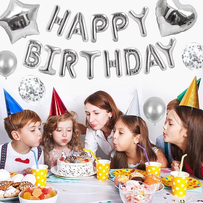 CANREVEL Happy Birthday Balloons Banner 16 Inch Mylar Foil Letters with Star & Heart Balloons Birthday Party Decorations for Men and Women - 30 Pcs Silver