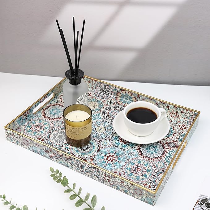Spsyrine Decorative Serving Tray with Handles, Lacquered Coffee Table Tray for Ottoman, Rectangular Waterproof Platters for Centerpieces, Parties, Living Room, Kitchen Counter Organization SP3040RE2