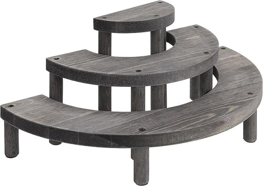 MyGift 3 Tier Cupcake Stand, Vintage Gray Weathered Solid Wood Semicircle Dessert Appetizer Stands, Tiered Platform Display Risers for Spice Jars Cosmetics, 3-Piece Set