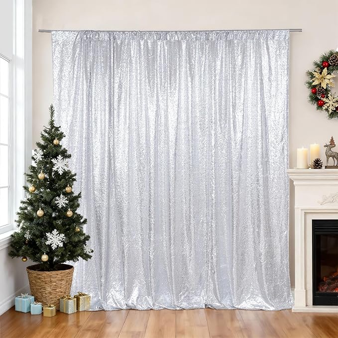 SquarePie 4x7ft Silver Sequin Backdrop for Photography, Satin-Backed Real Sequin Curtain, Enhanced Coverage Shimmering Background with 4" Rod Pocket for Wedding, Birthday, Party Decor, 1 Panel