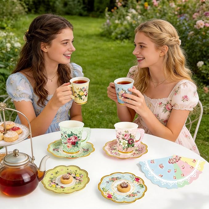 140PCS Spring Tea Party Decorations, Floral Paper Tea Cups & Saucer Set, Disposable Floral Cups With Handle Napkins Plates Knives Forks for Girls Kids Afternoon Tea Birthday, Wedding Party Supplies