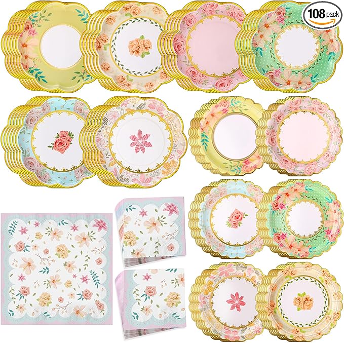 108 Pcs 36 Guests Floral Party Plates and Napkins Vintage Scalloped Floral Paper Plates Napkins Disposable Tableware for Birthday Bridal Baby Shower Wedding Decorations Tea Party Supplies