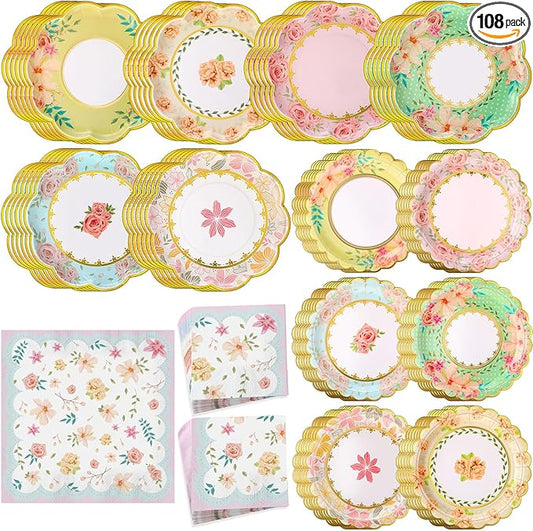 108 Pcs 36 Guests Floral Party Plates and Napkins Vintage Scalloped Floral Paper Plates Napkins Disposable Tableware for Birthday Bridal Baby Shower Wedding Decorations Tea Party Supplies