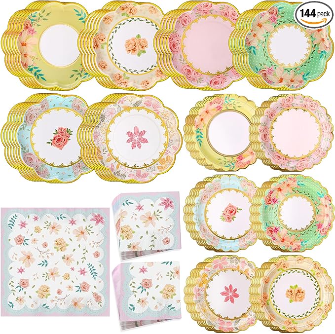 144 Pcs 48 Guests Floral Party Plates and Napkins Vintage Scalloped Floral Paper Plates Napkins Disposable Tableware for Birthday Bridal Baby Shower Wedding Decorations Tea Party Supplies