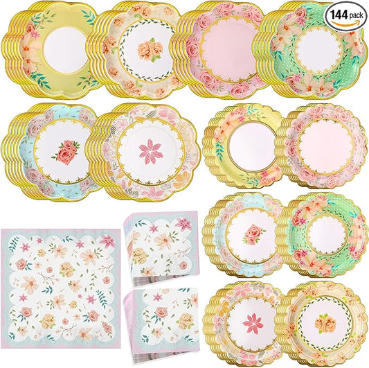 144 Pcs 48 Guests Floral Party Plates and Napkins Vintage Scalloped Floral Paper Plates Napkins Disposable Tableware for Birthday Bridal Baby Shower Wedding Decorations Tea Party Supplies