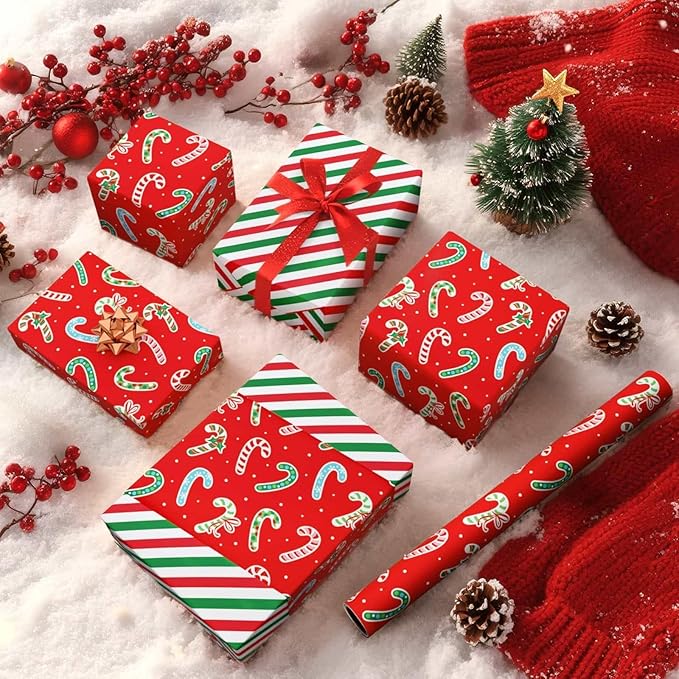 WERNNSAI Candy Cane Christmas Wrapping Paper - 1 Roll 17”x 33 ft Funny Christmas Wrapping Paper Roll Reversible Candy Cane and Stripe Gift Wrap for Xmas Holiday Winter Party Celebration