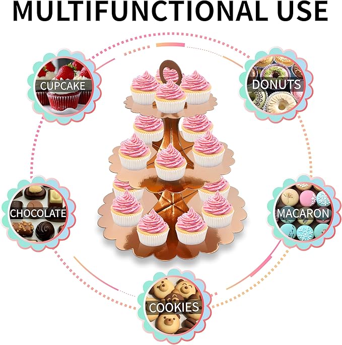 Rose Gold 3 Tier Cupcake Stand, Holds 24 Cupcakes, Cardboard Tower for Parties & Showers (1 Pack)