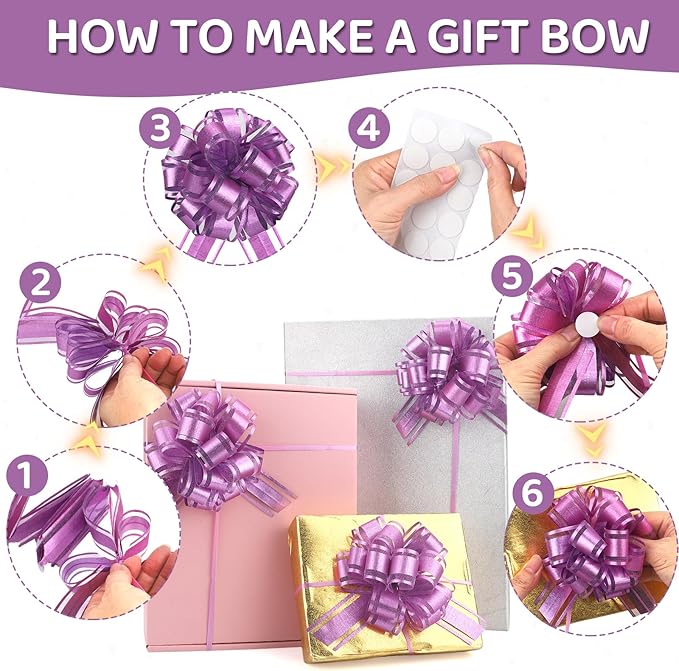 24pcs Purple Pull Bow for Gift Basket Wrapping Xmas Gift Bows Presents Adhesive Wrap Ribbon Bow for Christmas Tree Ornament Wine Bottles Bouquet Flower Valentine's Day Party Decor (Purple-G)