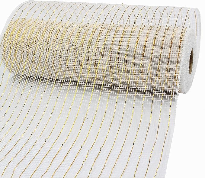 3 Rolls White Deco Mesh Ribbon for Wreath Making Supplies, 10 Inch x 30FT Metallic Foil Burlap Deco Mesh Fabric for Christmas New Year Wedding Door Wreath Swags and Decorating
