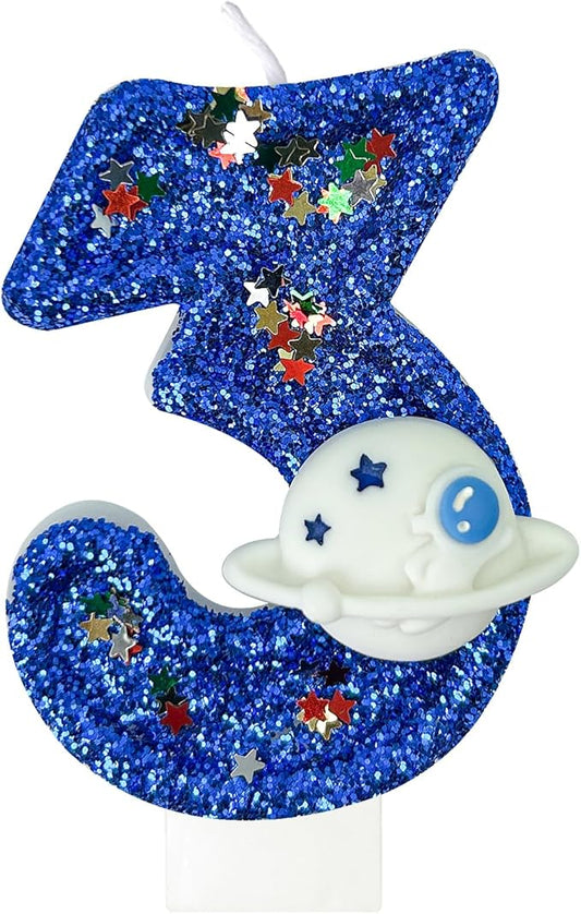 HXOUSE Spaceship Number 3 Birthday Candles - Outer Space Universe Birthday Candles for Cake, 3 Candle Topper for Anniversary Celebrations, Astronaut Rocket Party Decorations for Boys